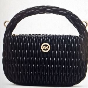 NWT Anne Klein Smock Textured Top Handle Black Bag W Removeable Gold Chain